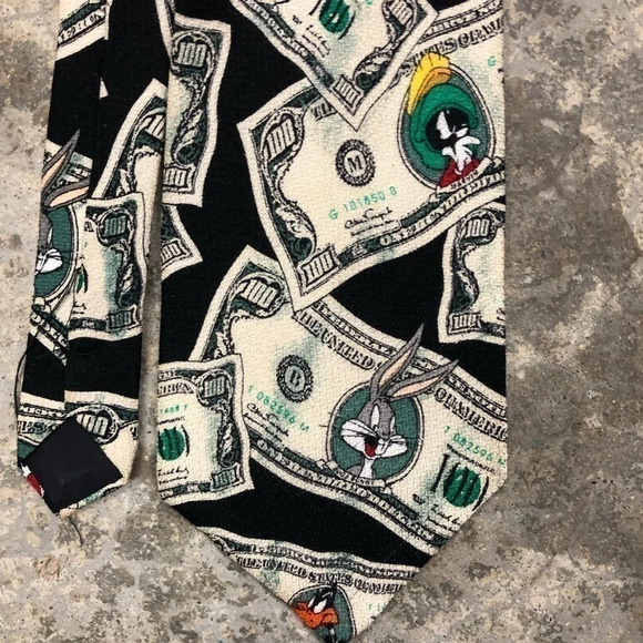 1995 Looney Tunes Mania 100 Dollar Bill 100% Silk Necktie Tie Hand Made EUC - Picture 6 of 7